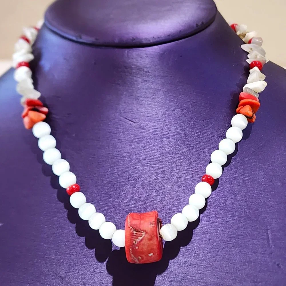 MCM White Abalone Mother of Pearl and Red Natural Stone Beaded Necklace